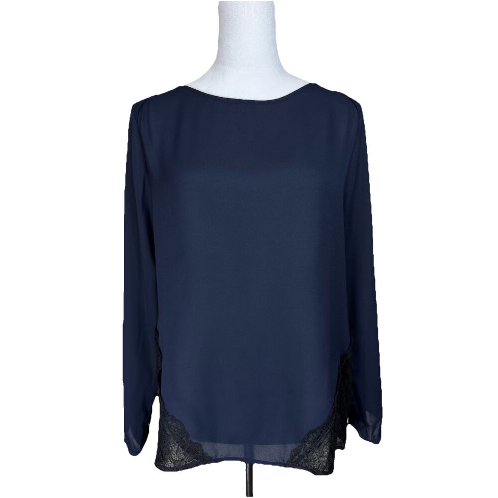 Ann Taylor LOFT Women's M Blouse Top Navy Blue Black Lace Whimsy Goth Dressy